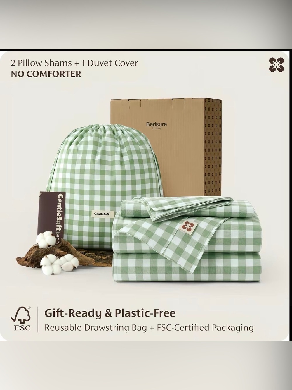 Bedsure Green Gingham Queen Duvet Cover Set 3 Piece NIP